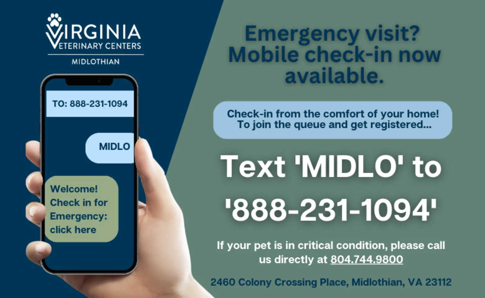 Emergency Visit? Mobile Check-in now available for VVC Midlothian! Check-in from the comfort of your home. 